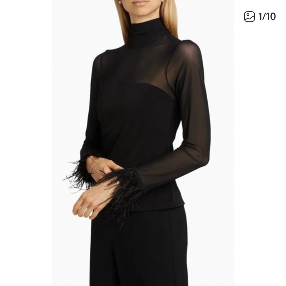 Cinq à Sept Black Mesh Feather Cuff Top - Picture 10 of 10